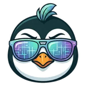 Pinguim mascote de óculos escuros segurando um cubo de gelo